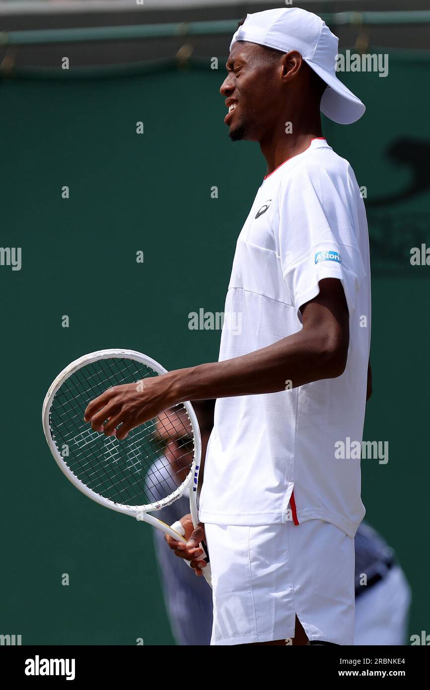 Wimbledon, UK. 10th July 2023; All England Lawn Tennis and Croquet Club, London, England: Wimbledon Tennis Tournament; Christopher Eubanks with a wry smile during his match with Stefanos Tsitsipas Credit: Action Plus Sports Images/Alamy Live News Stock Photo