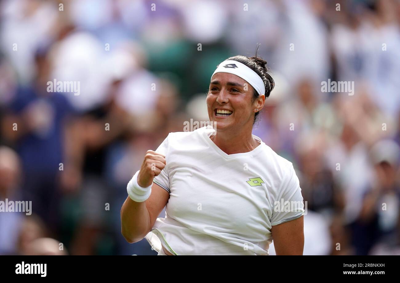 Ons Jabeur celebrates victory over Petra Kvitova on day eight of the ...