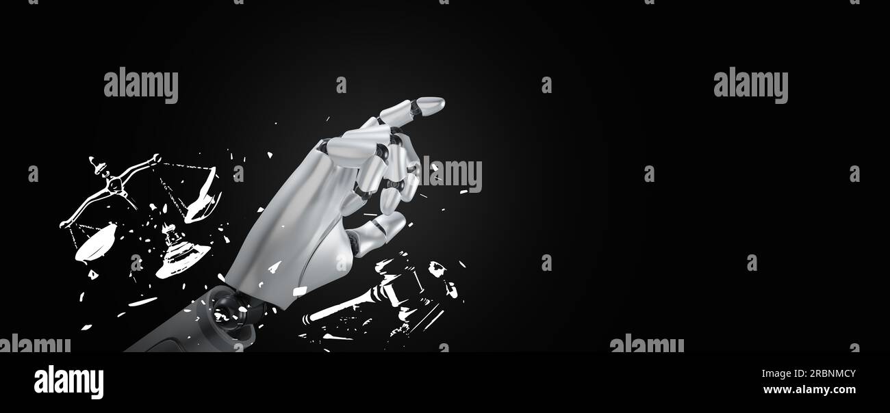 Artificial intelligence violates AI ethics and regulations. Robotic hand breaks out of control of the ethic and regulation symbols, a gavel and a just Stock Photo