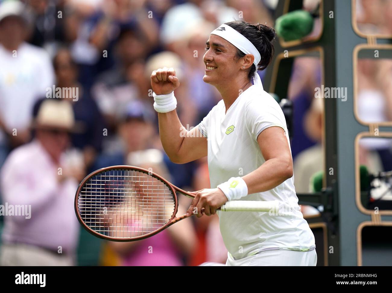 Ons Jabeur celebrates victory over Petra Kvitova on day eight of the ...