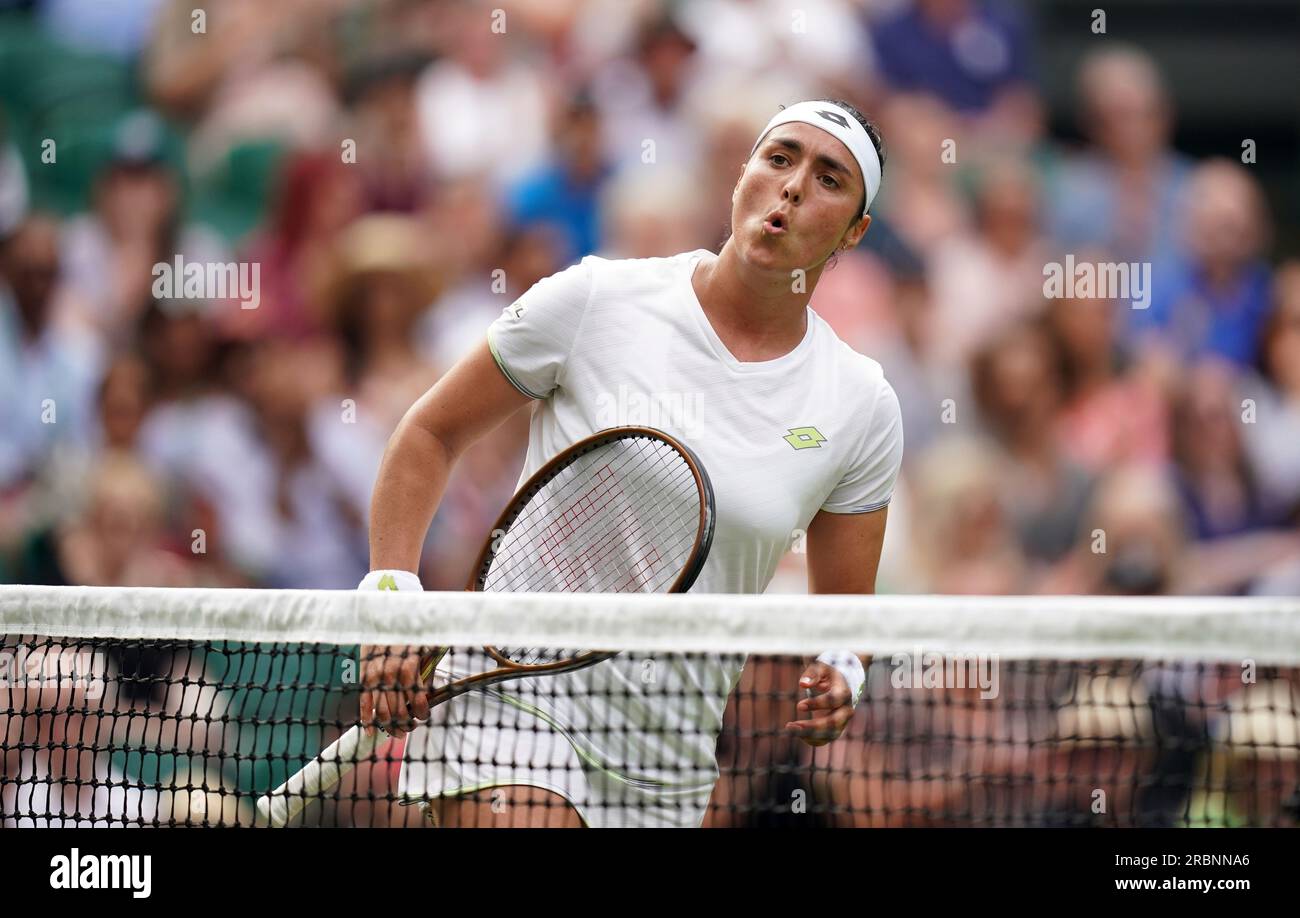 Ons Jabeur celebrates victory over Petra Kvitova on day eight of the ...