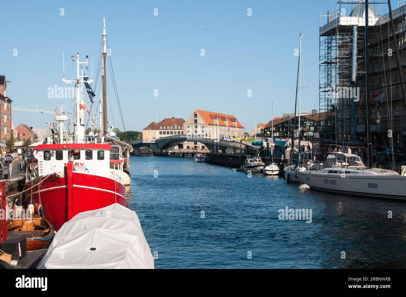 Around Copenhagen - The busy area of Nyhavn, around the old canal, now a bustling tourist area. Stock Photo
