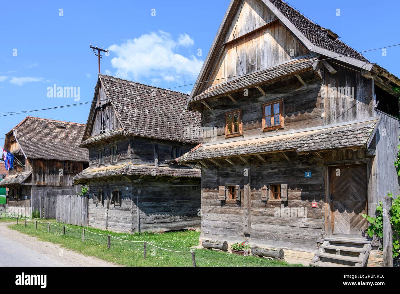 Traditional old wooden houses in the village of Krapje. Lonjsko Polje Nature Park, Croatia. Stock Photo