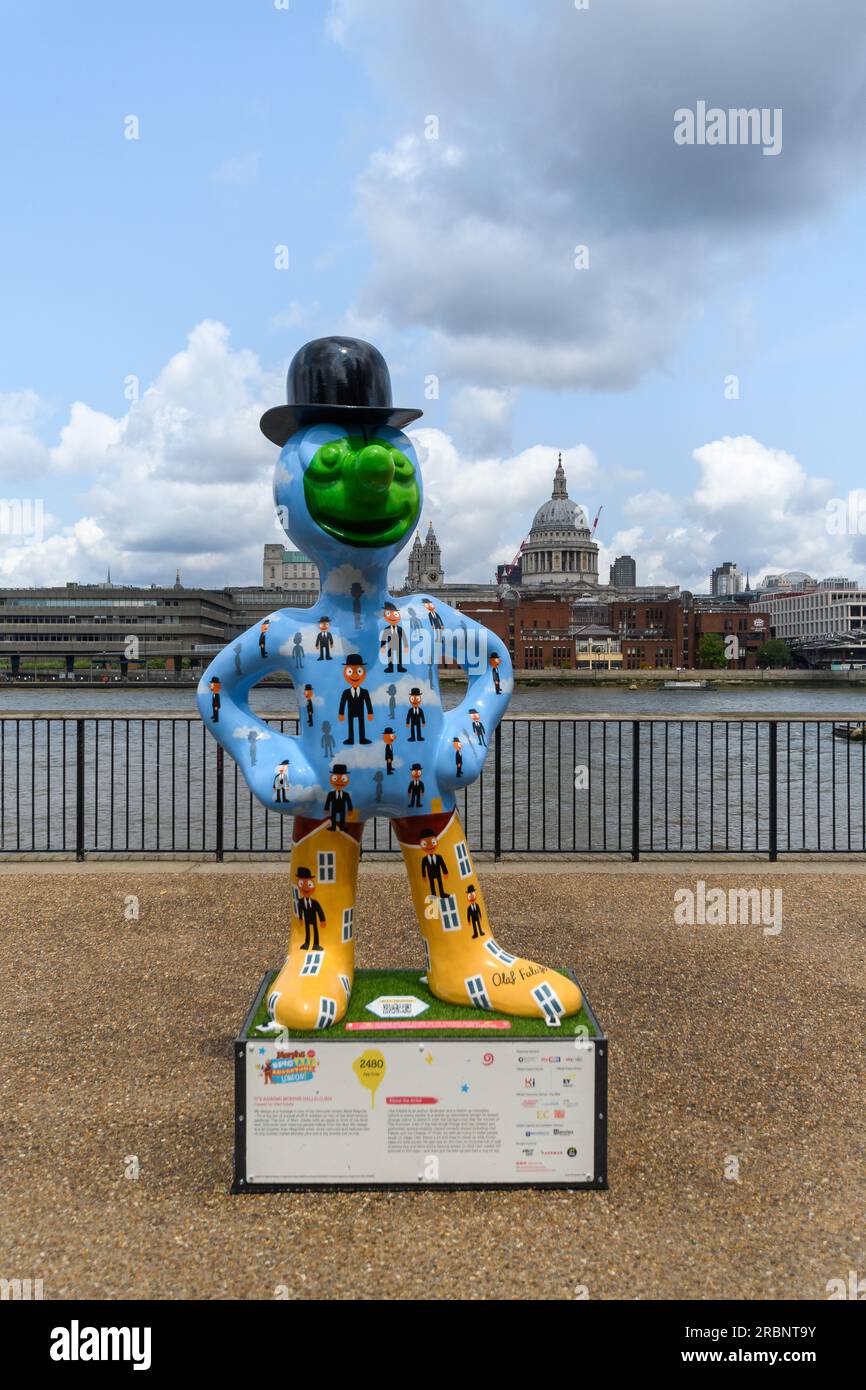 London, UK, 9th July 2023, Morph's adventures around London, there are 56 Morph sculptures dotted around London landmarks. If you are old enough you will remember this cartoon character made out of clay on Tony Hart's Tv program in the 80s called Take Hart. The sculptures finish their adventures on the 20th August 2023.., Andrew Lalchan Photography/Alamy Live News Stock Photo
