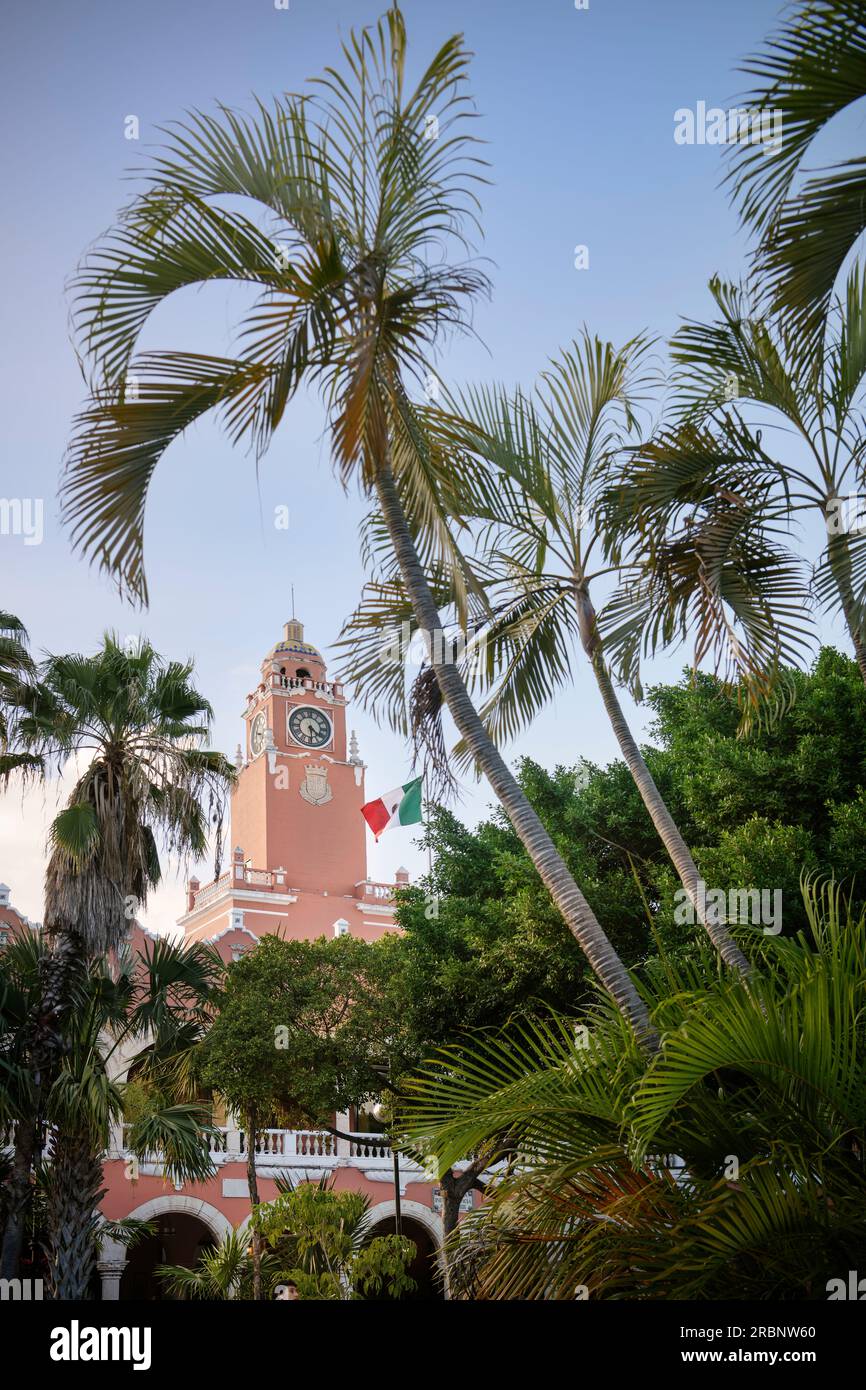 red clock tower at City Hall (Palacio Municipal de Mérida), Mérida