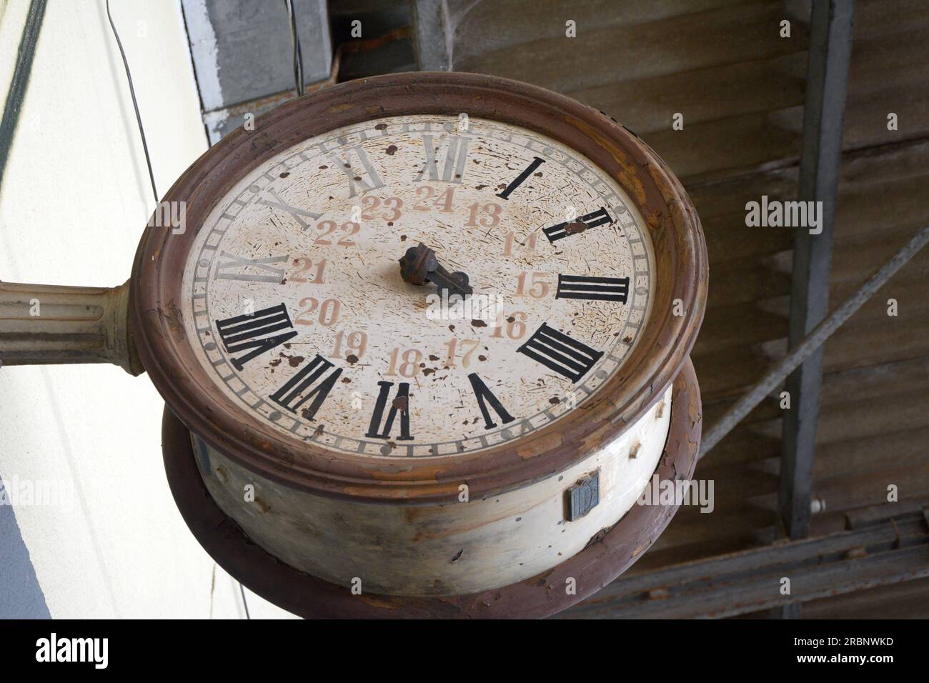 Antique train station clock without hands vintage style worn with time Stock Photo