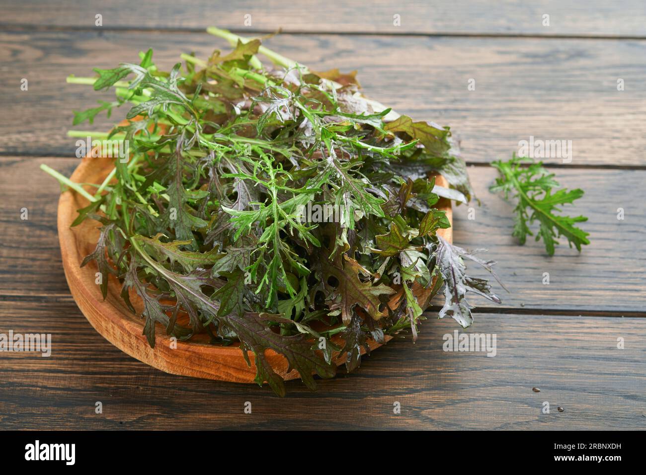 Arugula. Fresh leaves arugula salad on wooden bowl on old wooden table background. Arugula is source of vitamins and trace elements necessary for heal Stock Photo