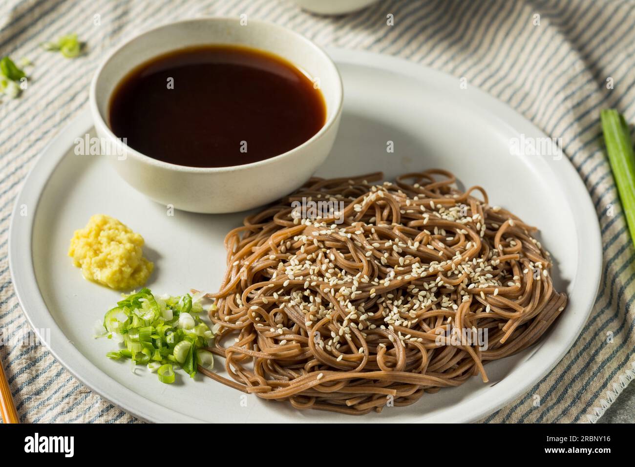Homemade Buckwheat Japanese Dipping Soba Noodles with Soy Sauce Stock