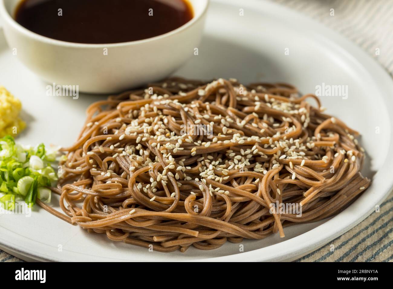 Homemade Buckwheat Japanese Dipping Soba Noodles With Soy Sauce Stock