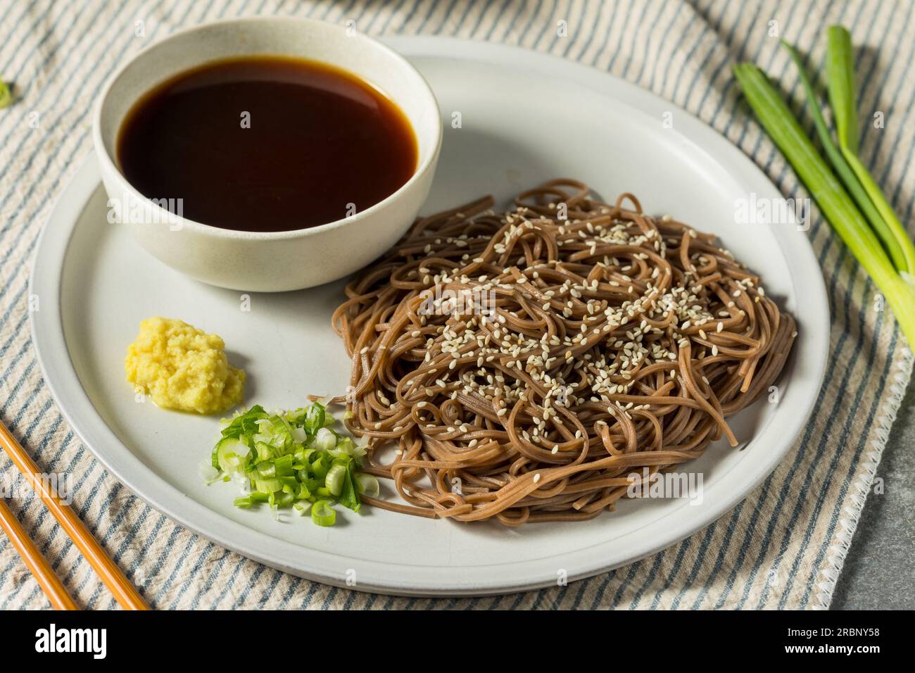 Homemade Buckwheat Japanese Dipping Soba Noodles with Soy Sauce Stock