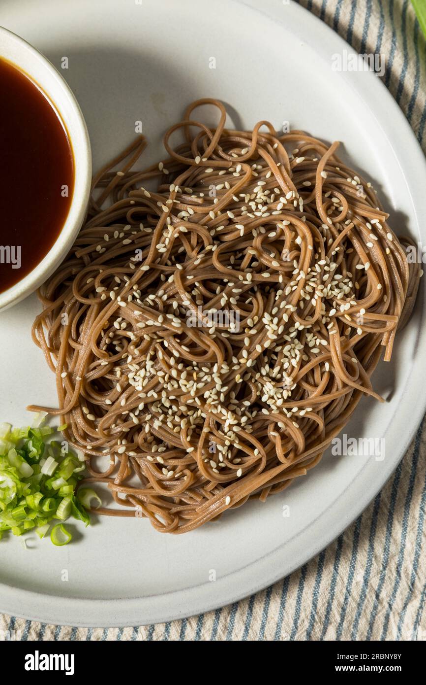 Homemade Buckwheat Japanese Dipping Soba Noodles with Soy Sauce Stock