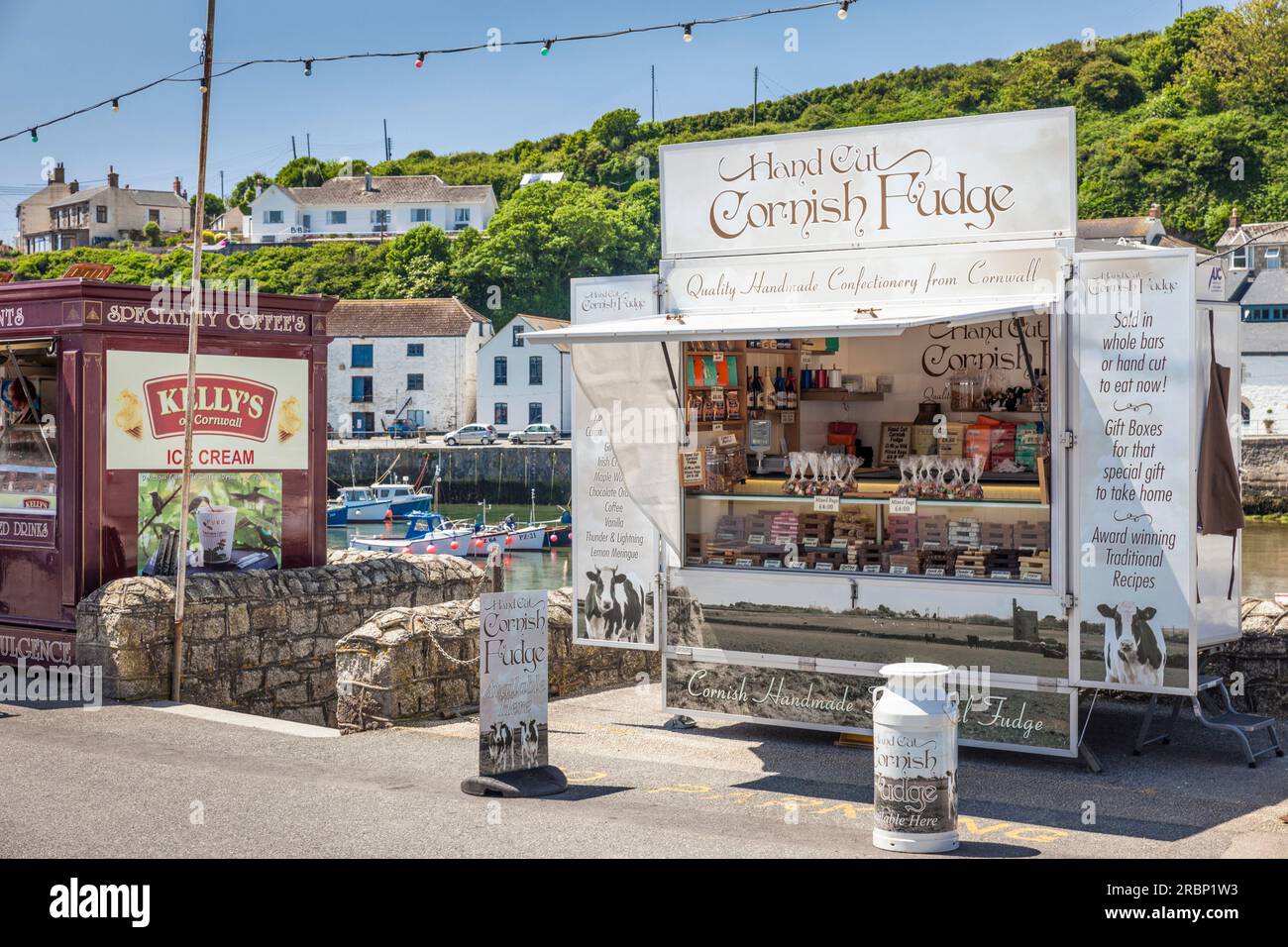 Cornish Fudge stall at Porthleven Harbour, Cornwall, England Stock Photo