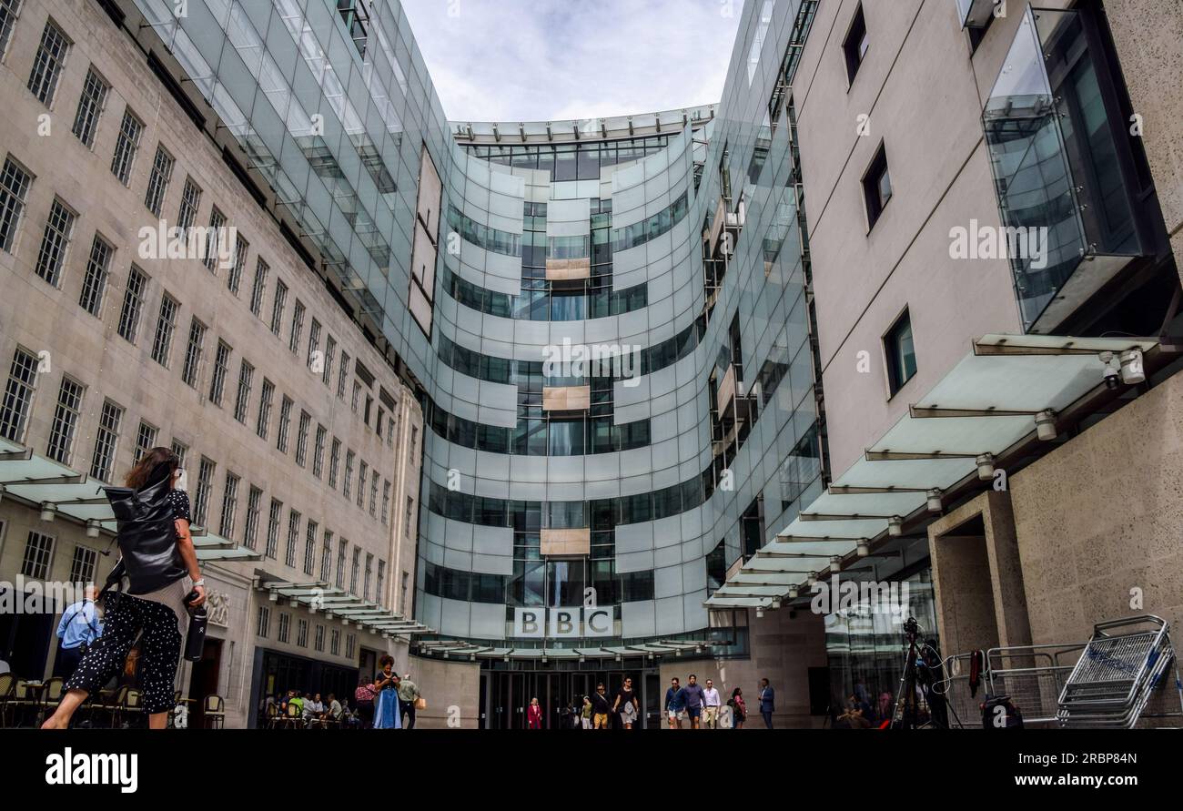 London, UK. 10th July, 2023. General view of Broadcasting House, the BBC headquarters in central London. BBC has suspended an unnamed male presenter who has been accused of paying a teenager for explicit images. (Photo by Vuk Valcic/SOPA Images/Sipa USA) Credit: Sipa USA/Alamy Live News Stock Photo