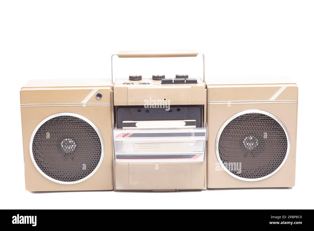 Retro portable stereo cassette player from 80s. English translation