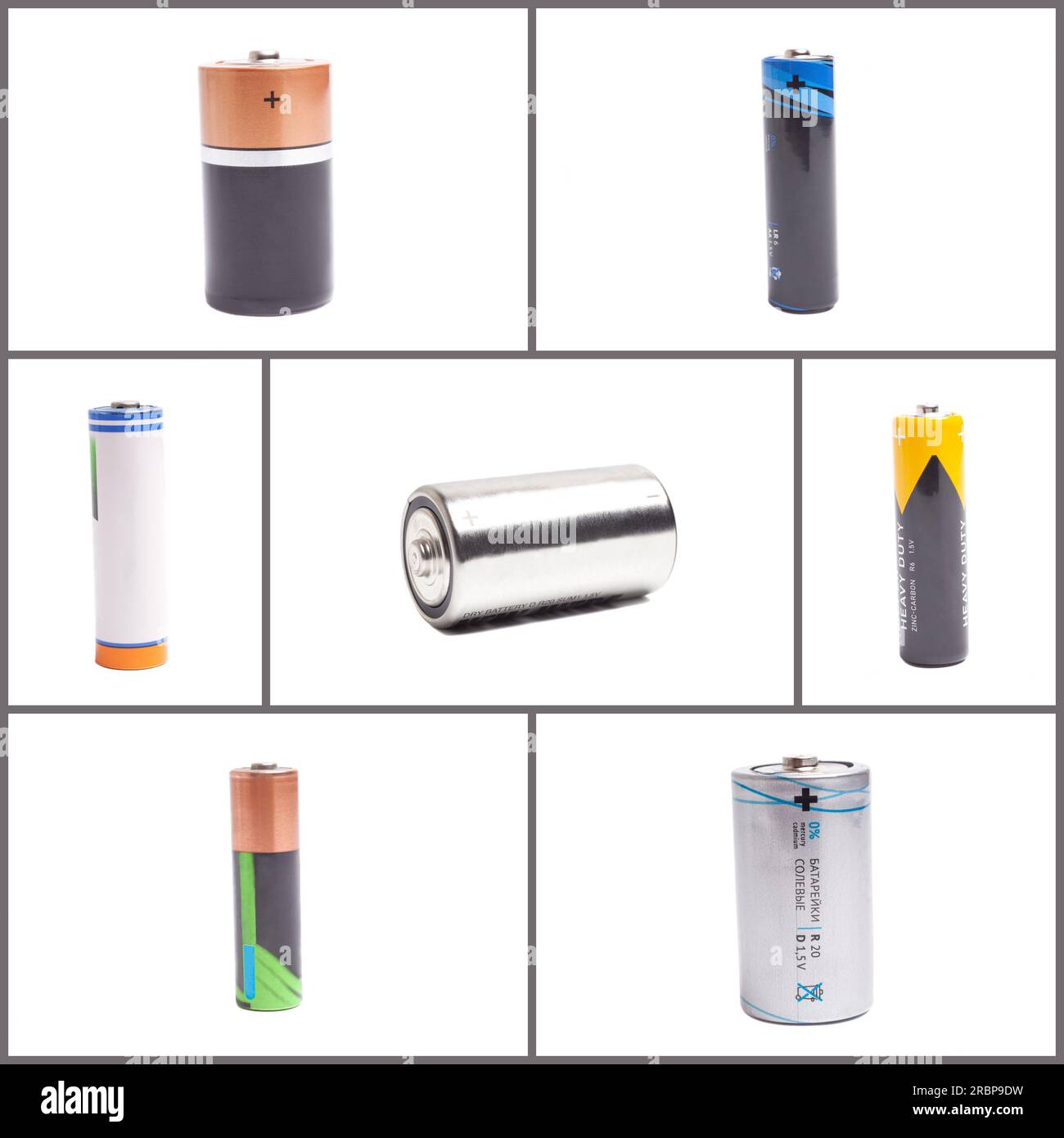 Group of batteries isolated on white background,collage. English