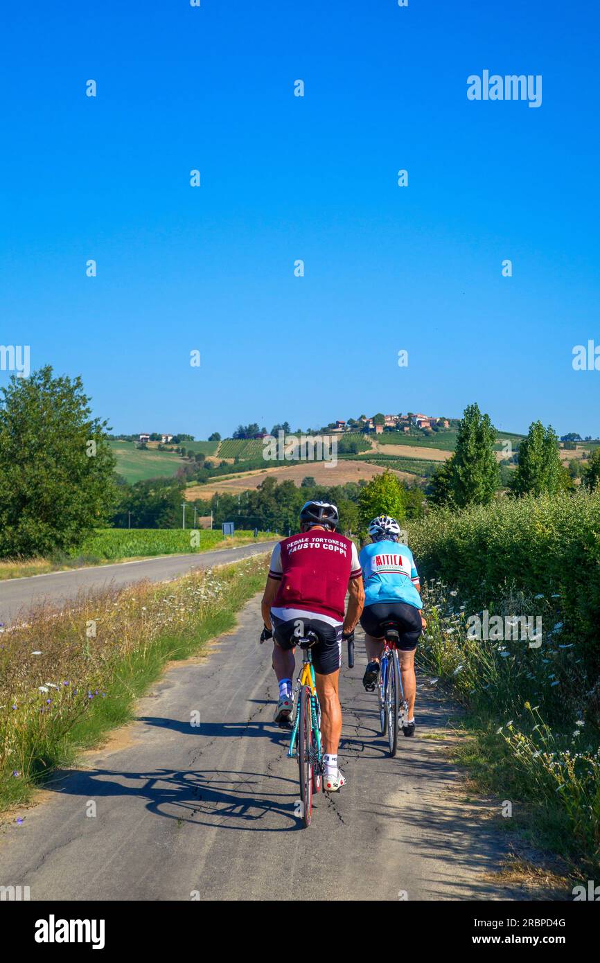 On the Fausto Coppi's roads, Tortona area,  the cycling road from Villaromagnano to Castellania, Piedmont, Italy Stock Photo