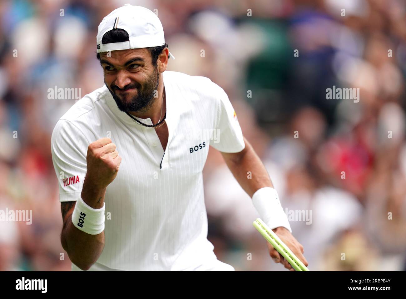 Matteo Berrettini reacts during his match against Carlos Alcaraz (not pictured) on day eight of the 2023 Wimbledon Championships at the All England Lawn Tennis and Croquet Club in Wimbledon