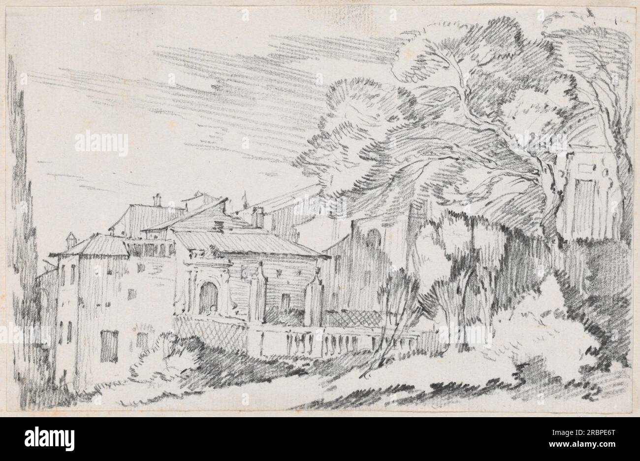 'Joseph-Marie Vien, Houses and a Garden on a Hillside in Italy, 1744/1750, graphite on laid paper, sheet: 11.6 x 18 cm (4 9/16 x 7 1/16 in.) page size: 42.5 x 27.7 cm (16 3/4 x 10 7/8 in.), Mark J. Millard Architectural Collection, 1983.49.188' Stock Photo