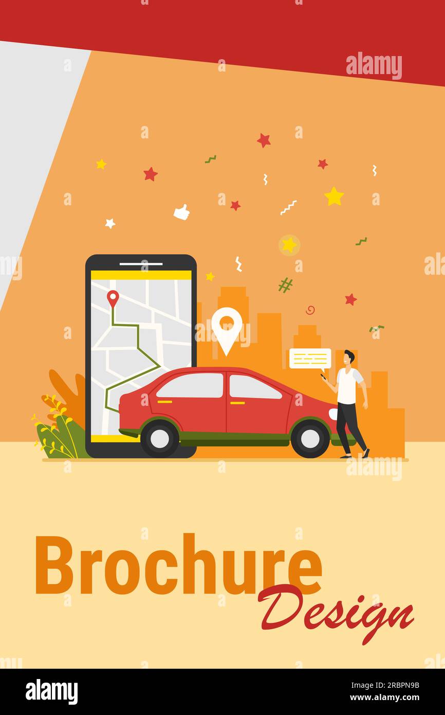 Man with map on smartphone renting car Stock Vector