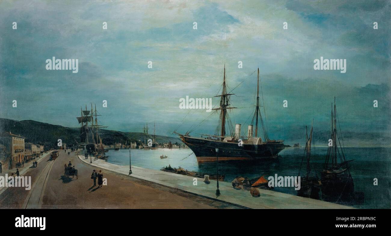 Moonlit harbour of Volos by Konstantinos Volanakis Stock Photo - Alamy