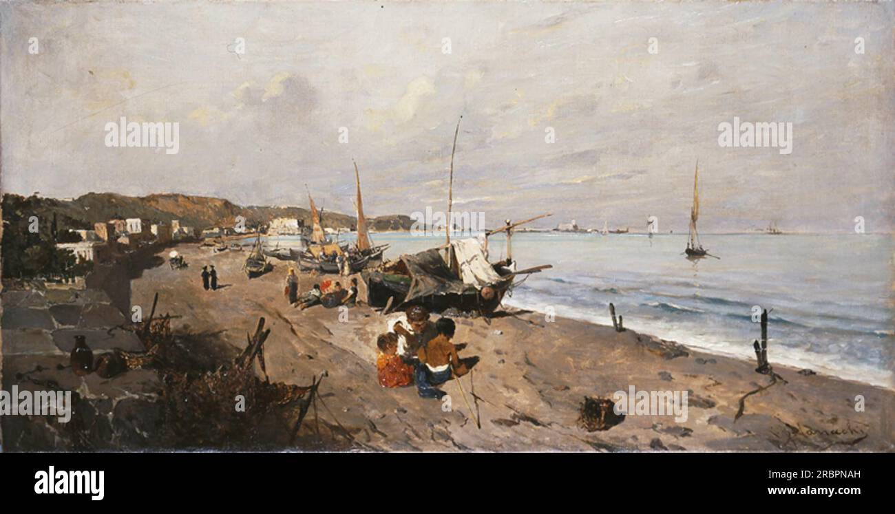 Boats and Children on the Beach 1875 by Konstantinos Volanakis Stock ...