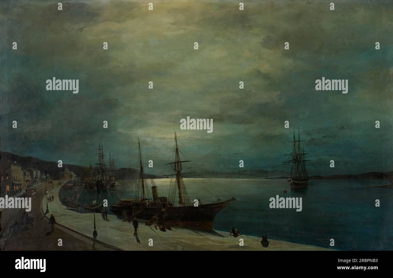 Moonlit harbour by Konstantinos Volanakis Stock Photo - Alamy