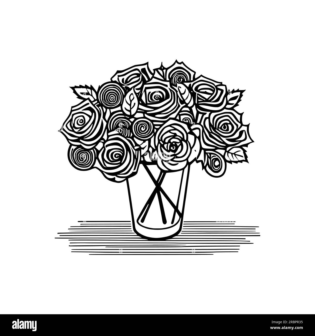 Hand drawn Roses bouquet. Line art for adult coloring book style