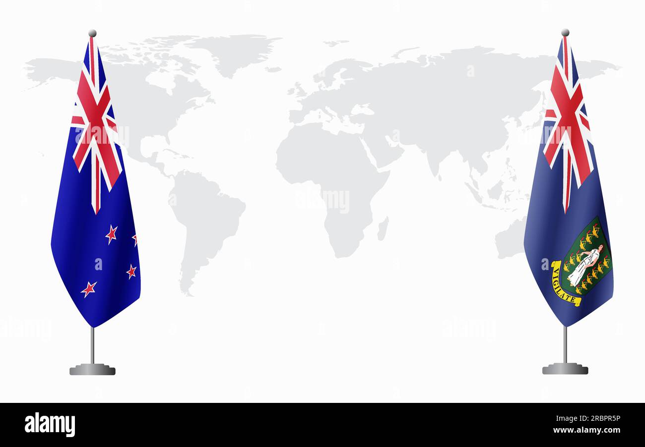 New Zealand and British Virgin Islands flags for official meeting against background of world
