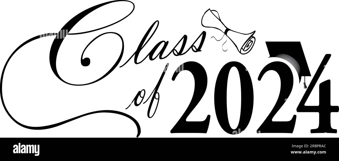 Class of 2024 Script Graphic With diploma and graduation Cap Black and