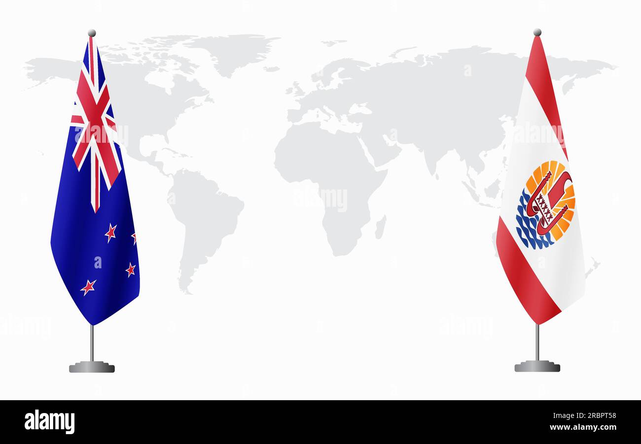 New Zealand and French Polynesia flags for official meeting against background of world map. Stock Vector