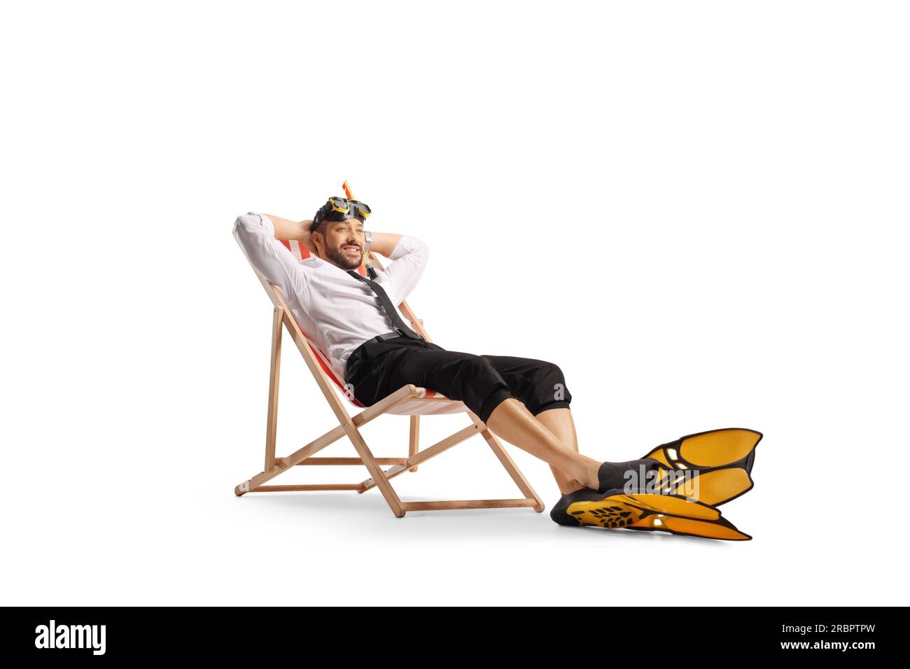 Businessman with snorkelling fins and mask sitting on a bech chair isolated on white background Stock Photo