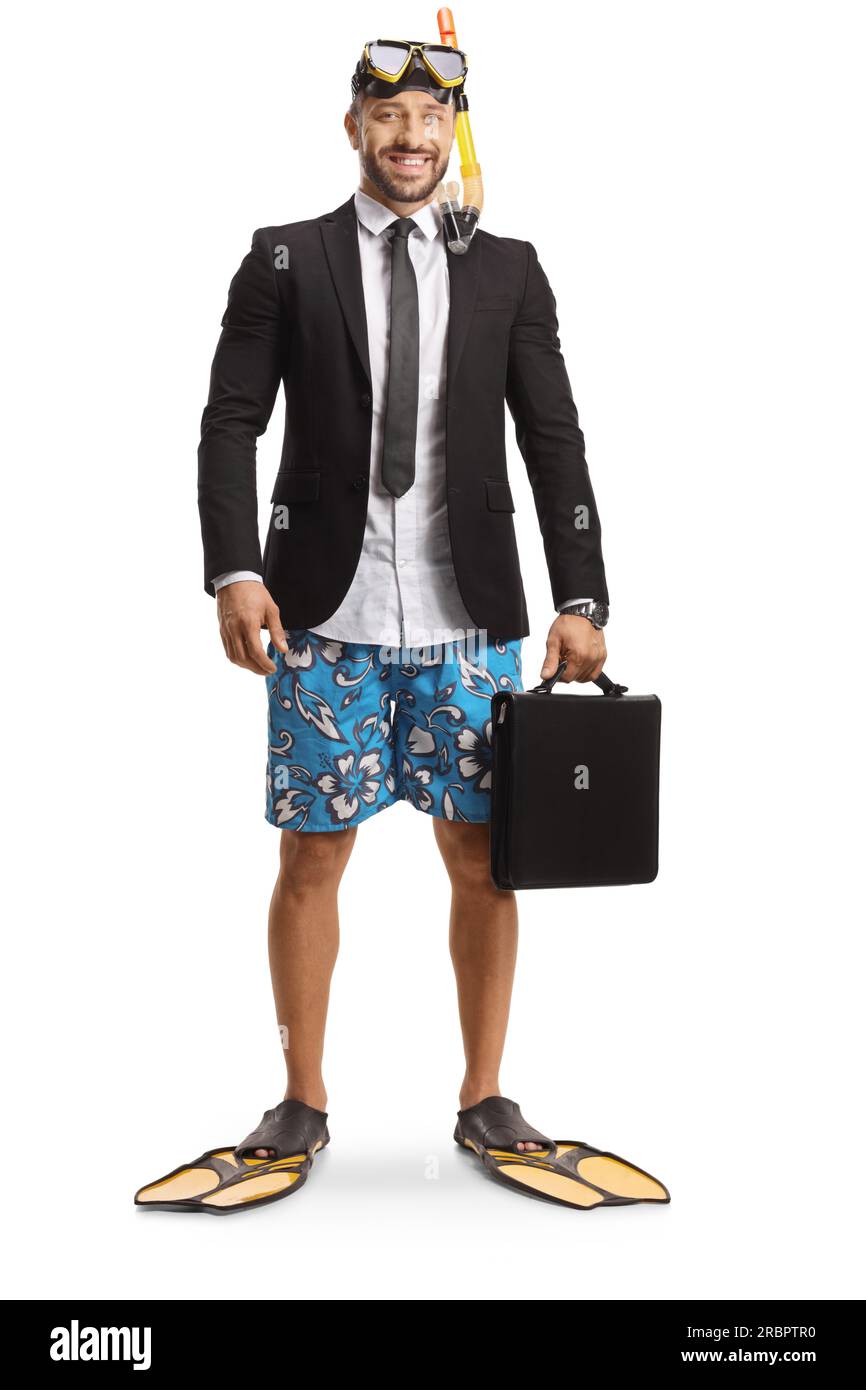 Businessman in a swimsuit with snorkelling fins and mask holding a briefcase isolated on white background Stock Photo