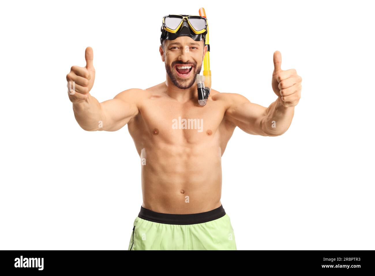 Cheerful man in a swimsuit with a diving mask showing thumbs up isolated on white background Stock Photo