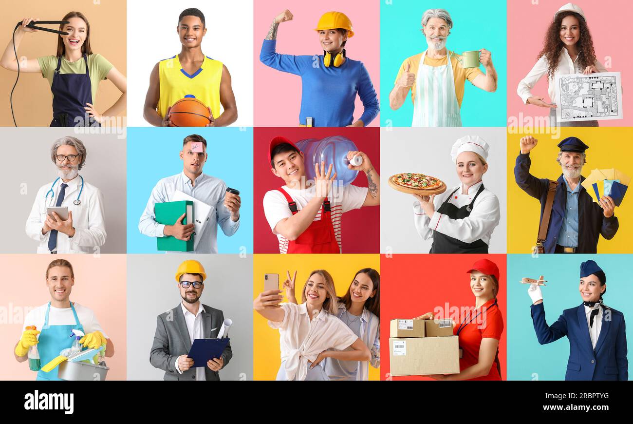 Group of people of different professions on color background Stock ...