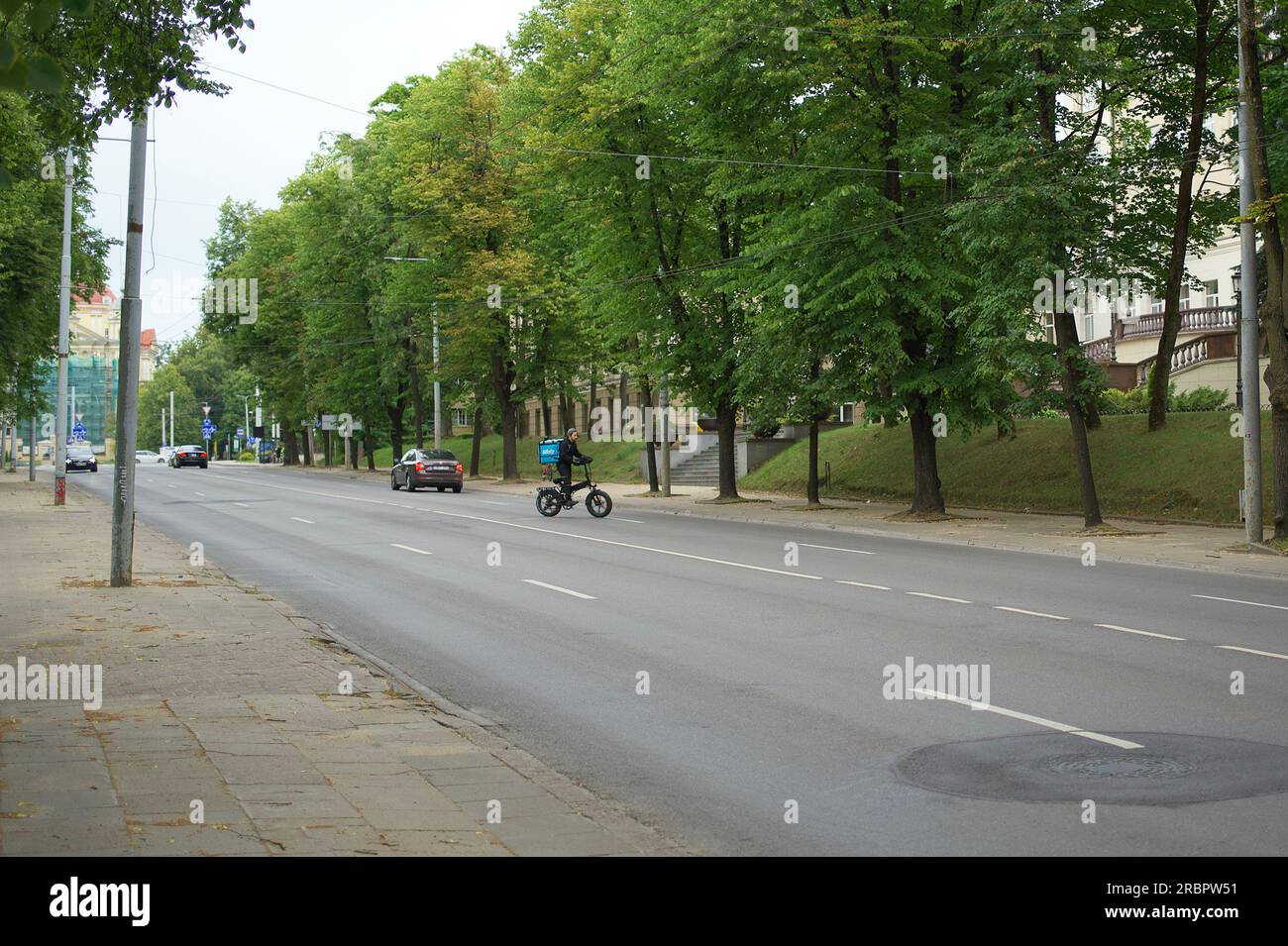 Wilt food deliverer crossing road on bicycle Stock Photo