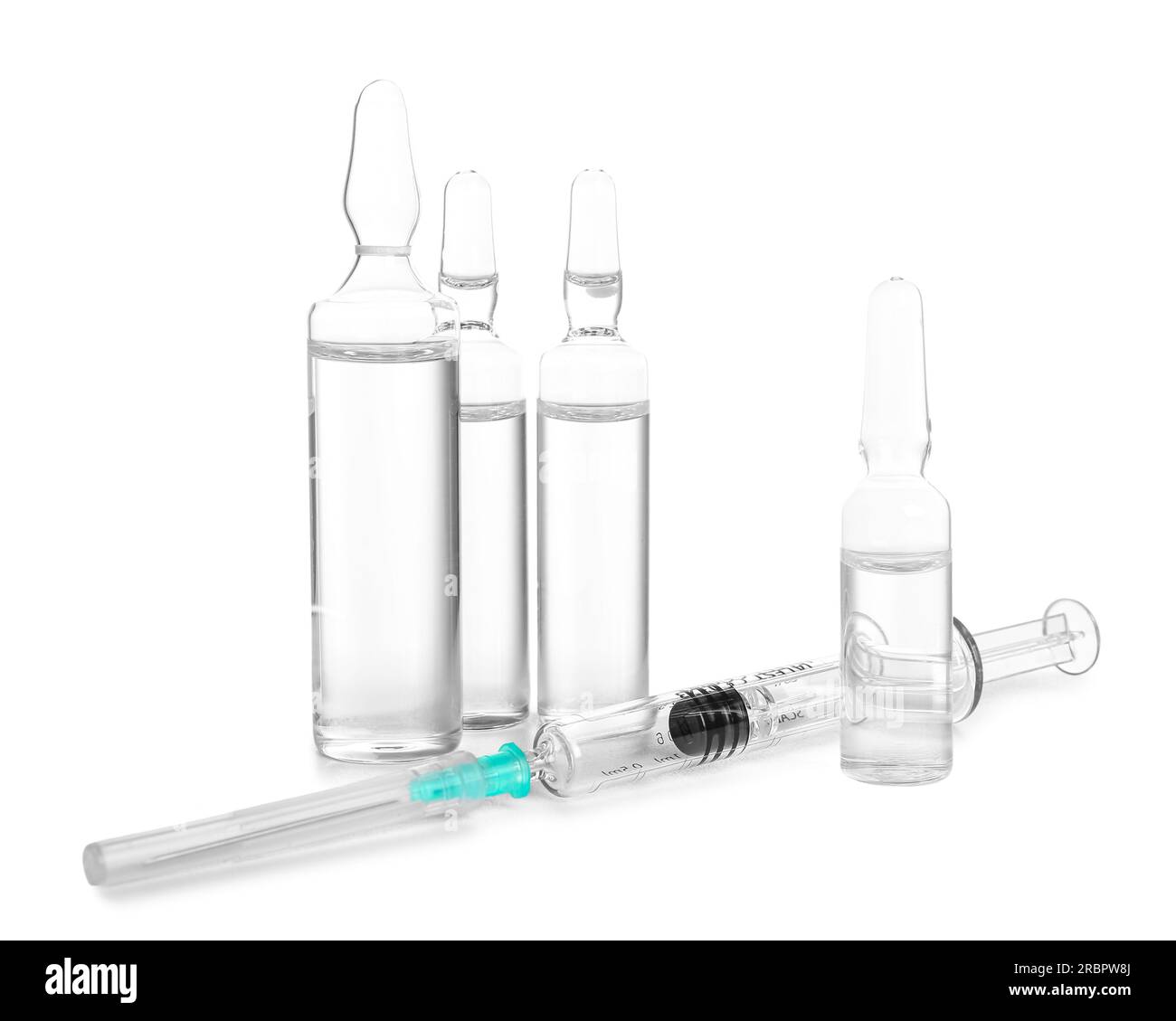 Medical ampules with syringe on white background Stock Photo Alamy