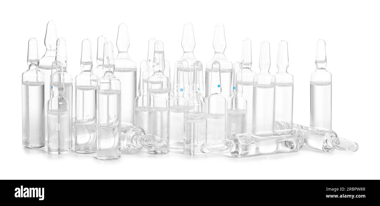 Medical ampules on white background Stock Photo Alamy