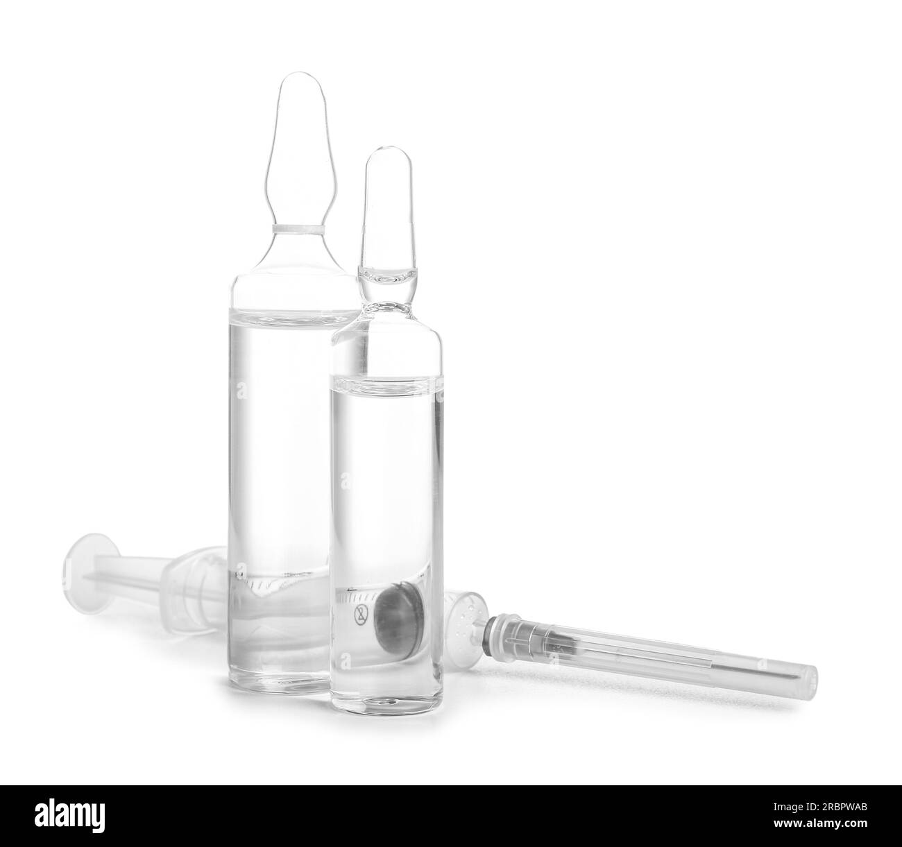 Medical ampules with syringe on white background Stock Photo Alamy