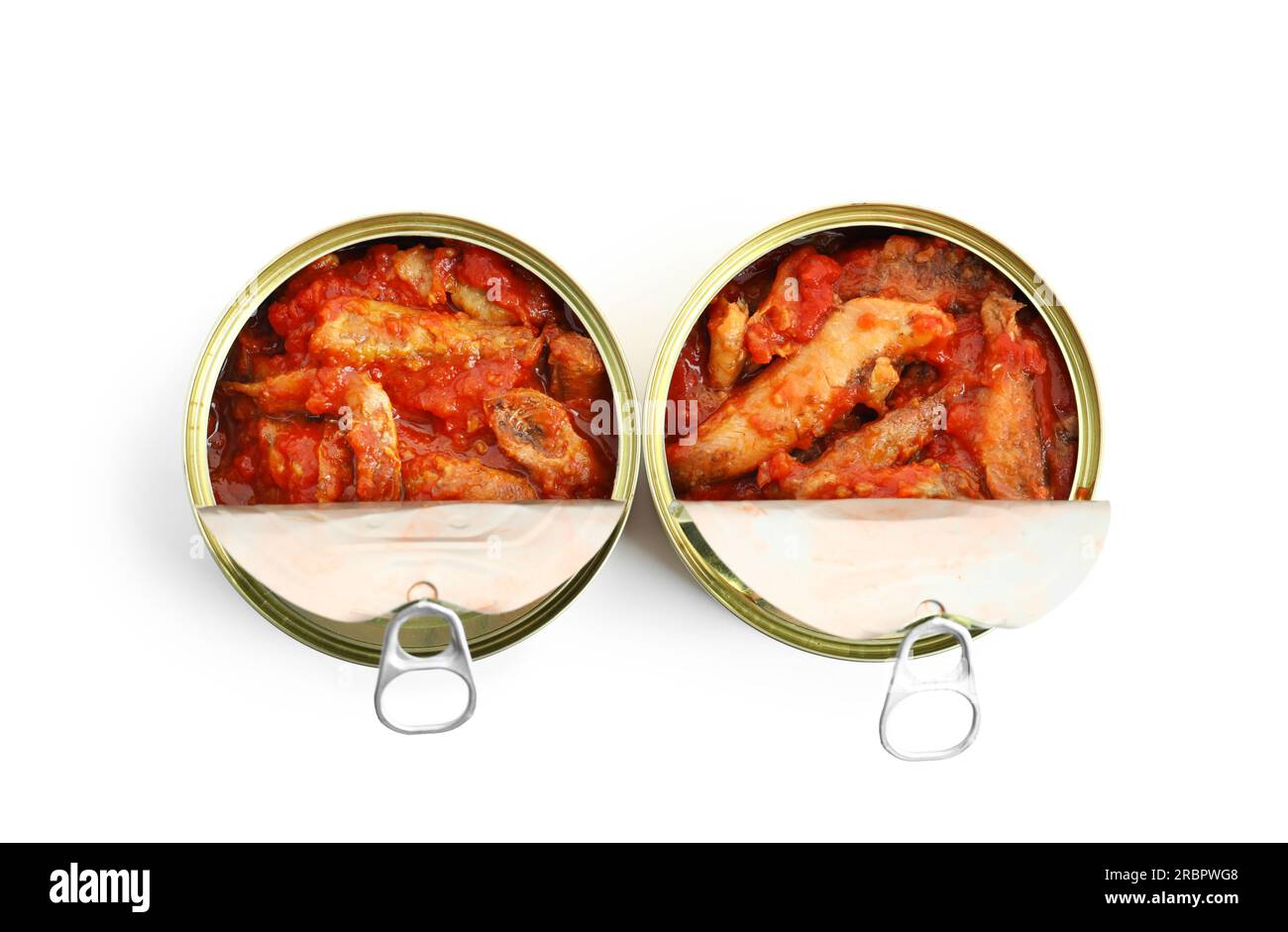 Opened tin cans with fish in tomato sauce isolated on white background