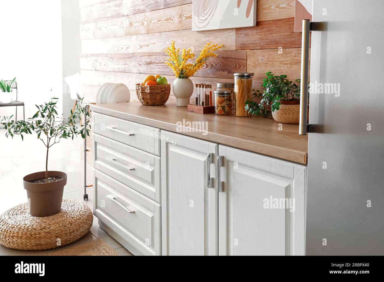 Interior of kitchen with stylish fridge, counters and houseplant Stock ...