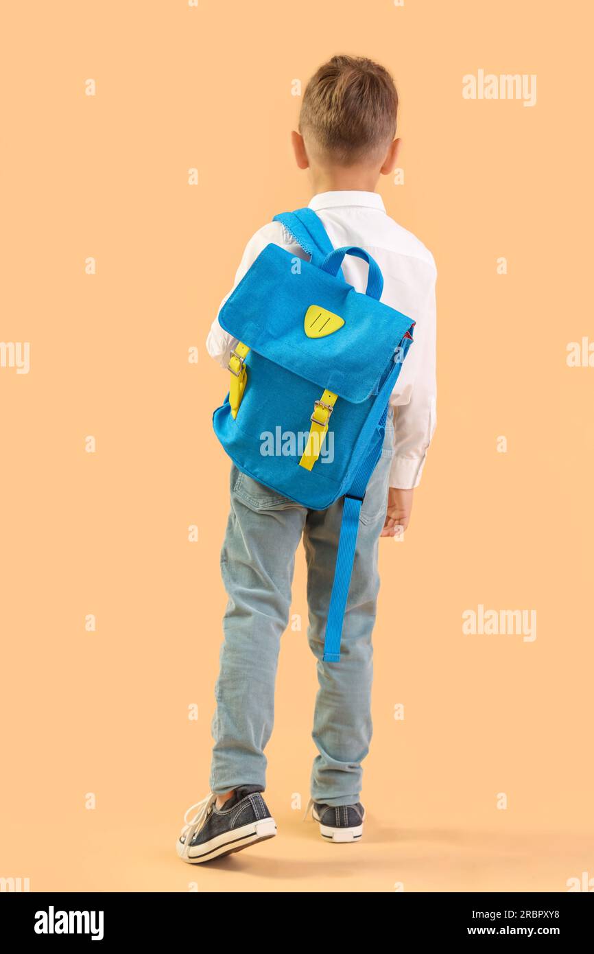 Little schoolboy with blue backpack on orange background, back view ...