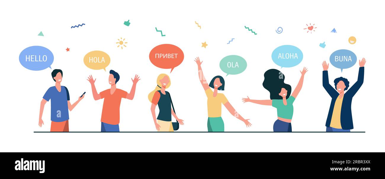 Happy young people saying hello in different languages Stock Vector ...