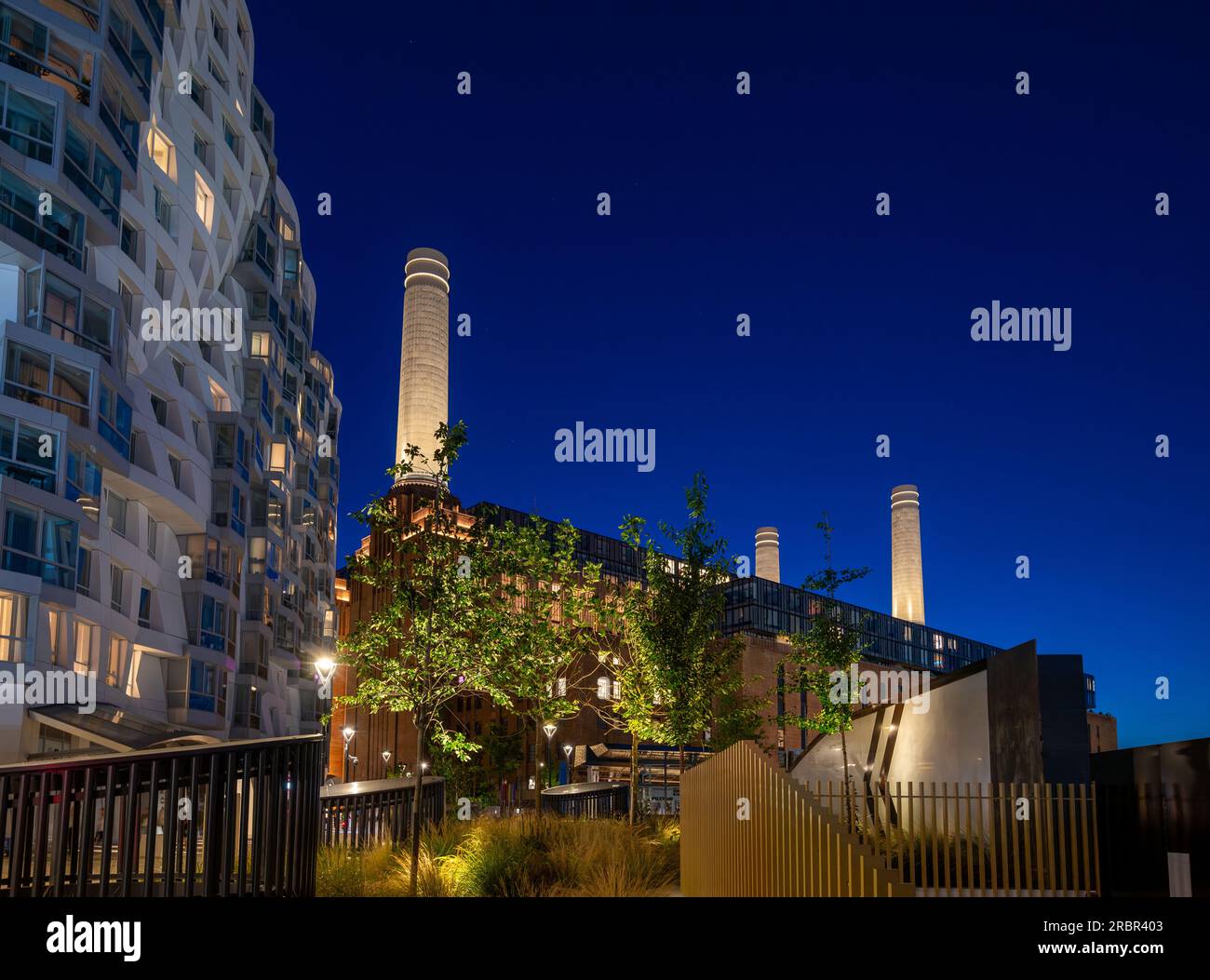 Battersea, London, UK Night view of Battersea Power Station now redeveloped as a shopping and