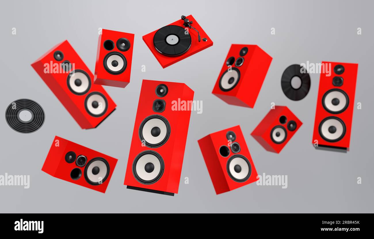 Set of Hifi speakers with loudspeakers and DJ turntable on on white