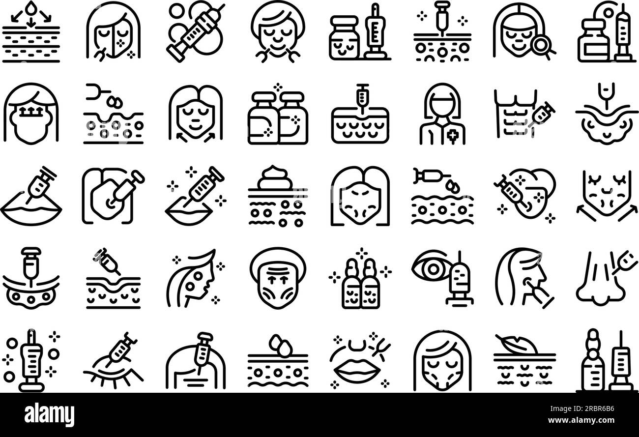 Botox icons set outline vector. Skin injection. Woman health Stock Vector