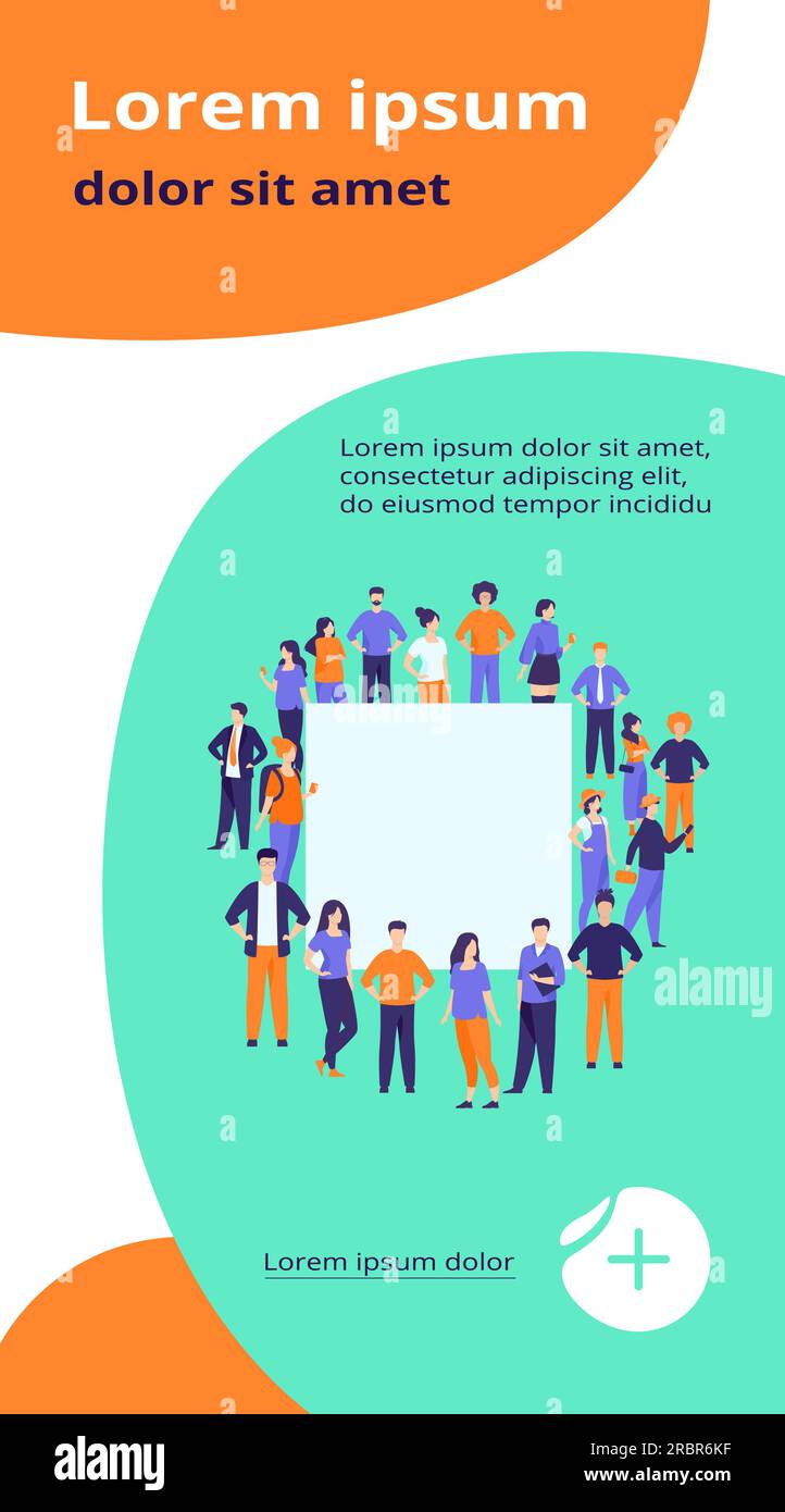 Crowd of diverse people standing together around empty banner Stock