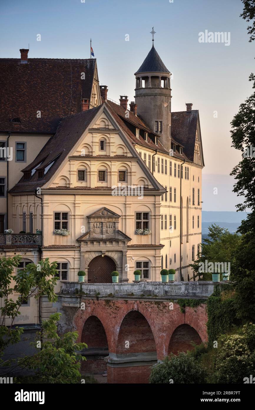 Bridge over moat to Heiligenberg Castle, Bodenseekreis, Linzgau, Baden-Wuerttemberg, Germany, Europe Stock Photo