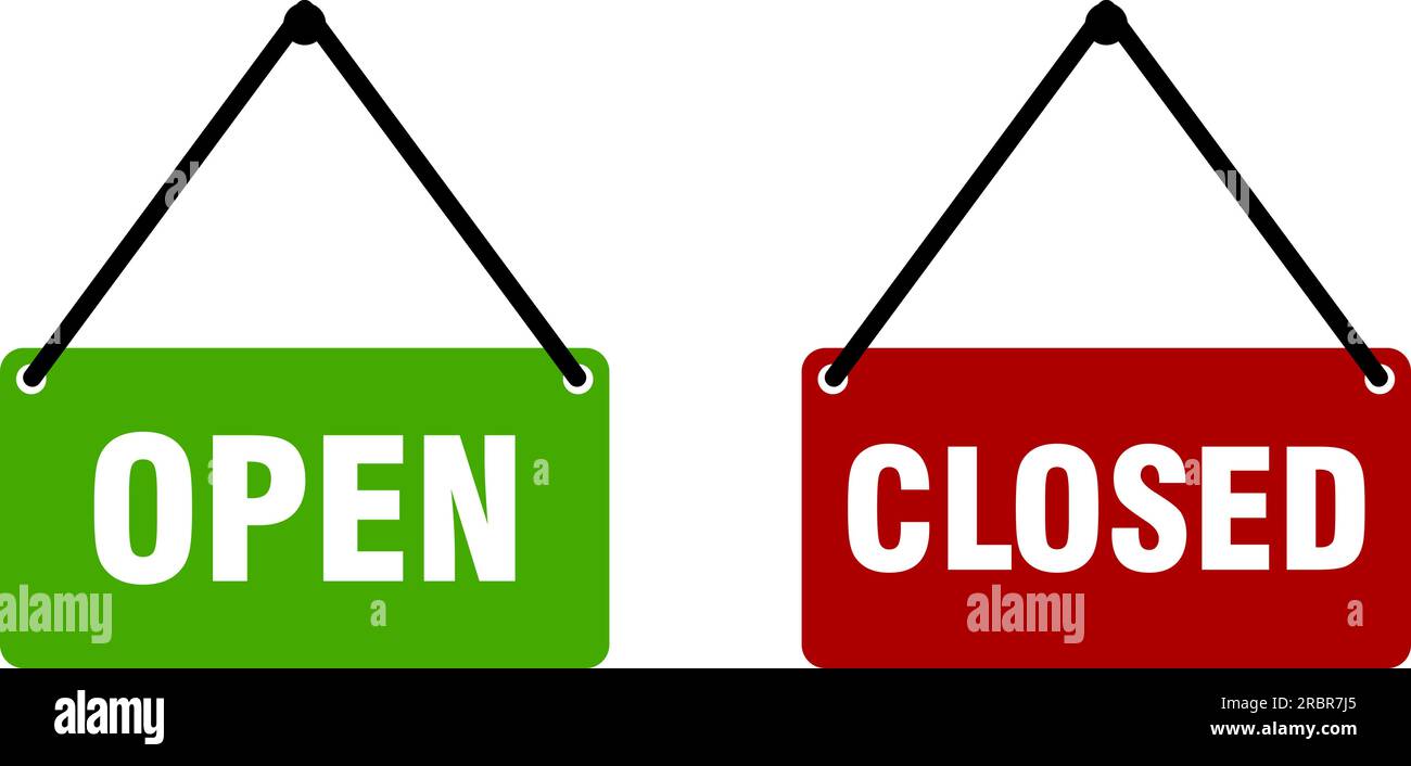 Green Open and Red Closed Shop or Store Hanging Entrance Door Tag or Sign Icon Set. Vector Image. Stock Vector