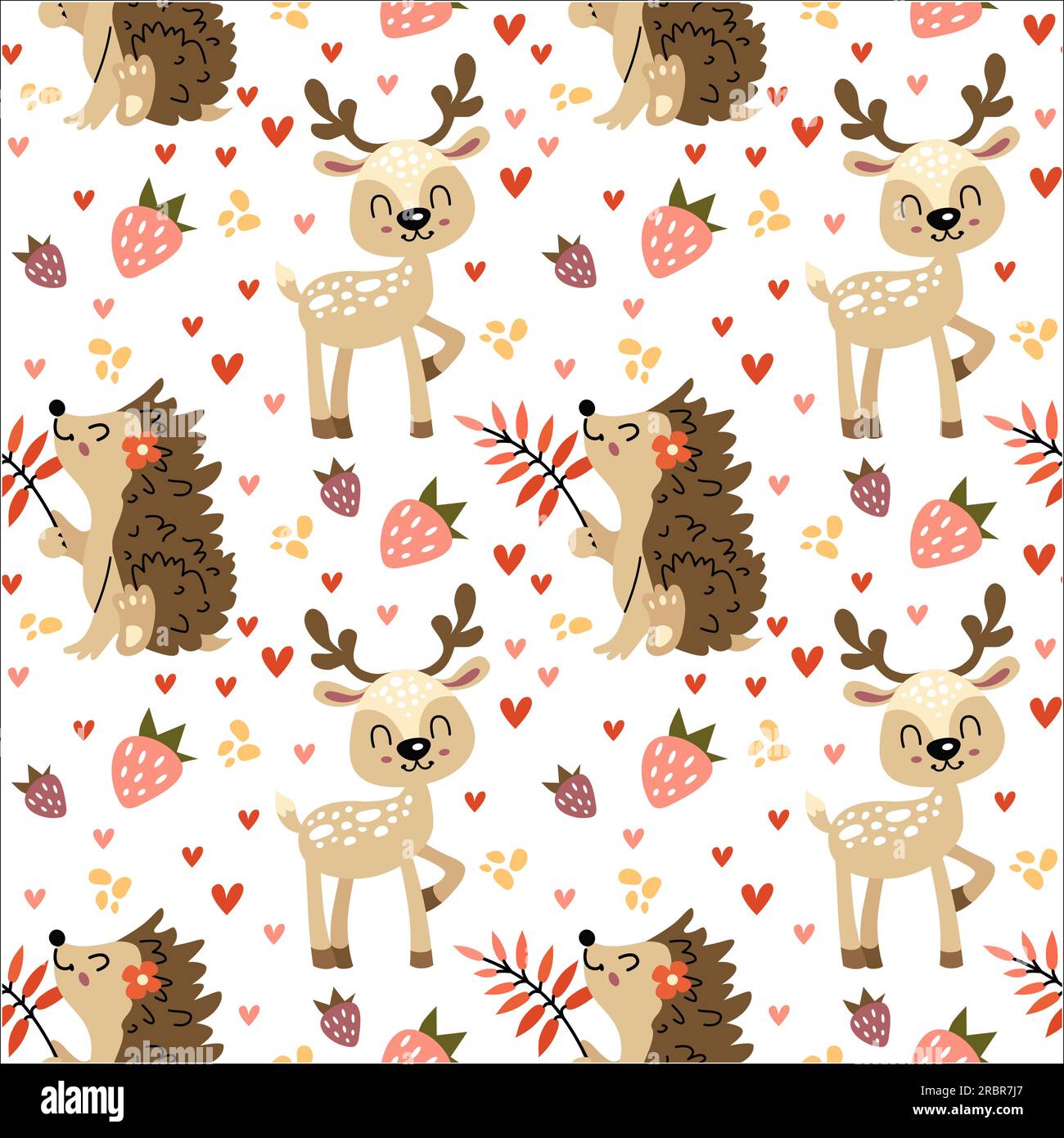 Pattern with hedgehogs and deer. Forest seamless pattern with cute animals. Vector illustration on a white background. Stock Vector