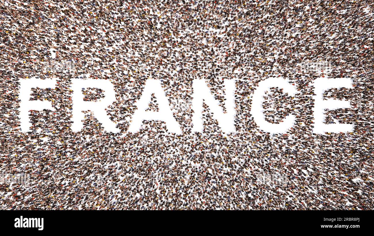 Concept conceptual large community of people forming the word FRANCE. 3d illustration metaphor for culture, history and education, politics, economy Stock Photo